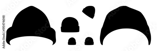 Beanie winter hat silhouette set with minimalist outline design featuring winter apparel, headwear, fashion with black and white and cozy