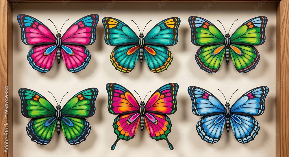 Fototapeta premium Colorful Butterflies Displayed in Wooden Frame