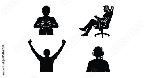 Vector graphic illustration of gamers in different playing positions and actions