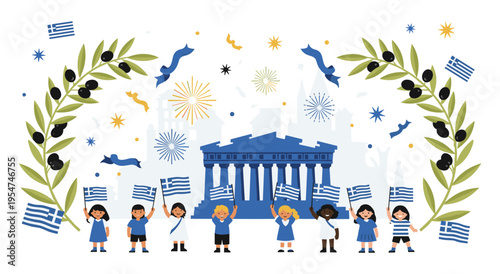 Greek national day festive background with diverse kids and ancient ruins