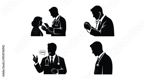 Vector graphic illustration of doctor patient consultation and medical advice in silhouette style designs