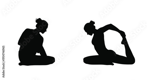 Silhouette of a woman performing two yoga poses in a vector graphic illustration