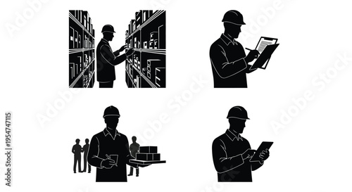 Black and white vector illustrations of workers in various warehouse and construction settings with hard hats