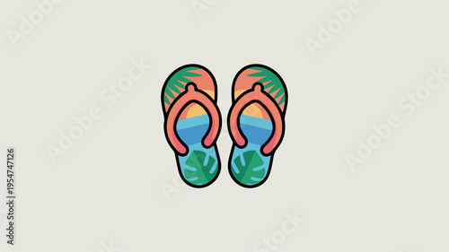 Vibrant green flip flops with rainbow straps on gray background summer footwear