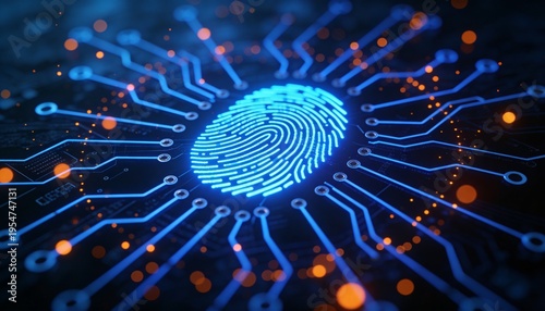 Glowing Blue Fingerprint Symbol with Circuit Board Connections Radiating Outward on Dark Background, Orange Bokeh Particles, Biometric Security Technology Concept Art, Digital Identity