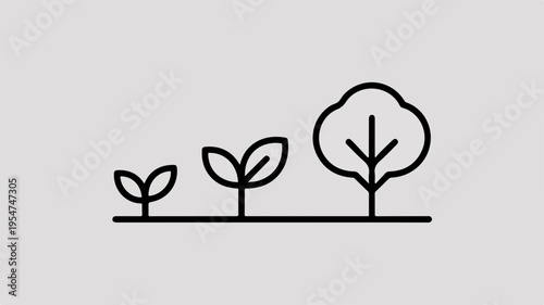 Three stylized trees and seedlings growing in a line on a simple gray background symbolizing growth and nature