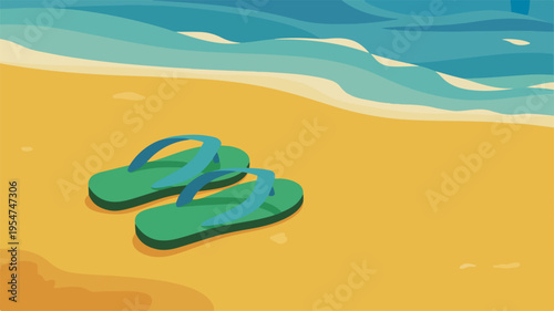Green flip flops on sandy beach by ocean waves summer vacation relaxation concept