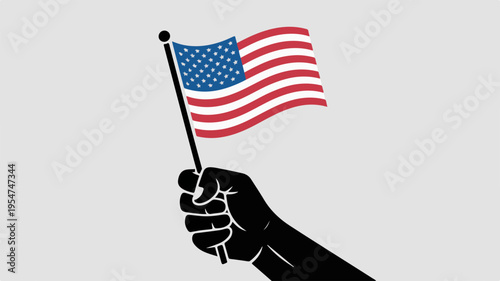 American flag waving in hand on gray background symbolizing patriotism and freedom with a bold graphic design