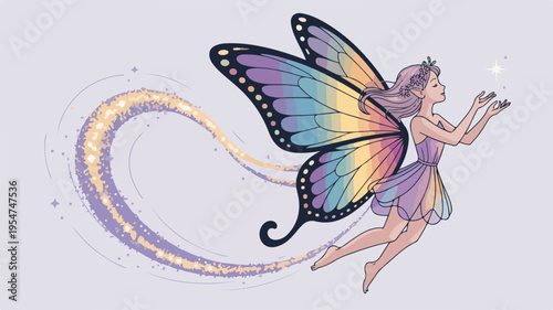 Whimsical fairy with rainbow wings flying freely in mid air surrounded by sparkling trail