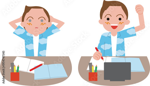 家庭学習する小学生の男の子。無気力とやる気の表情のイラスト。