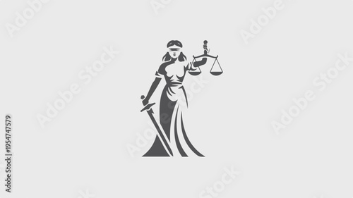 Justitia goddess of justice holding scales and sword standing alone on gray background symbolizing law and order