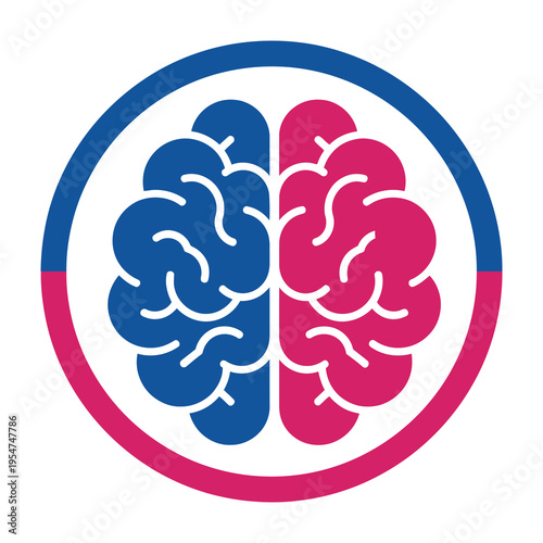 Brain illustration with blue and pink hemispheres in circular frame