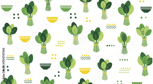 Spinach leaves and bowls seamless pattern green healthy eating background
