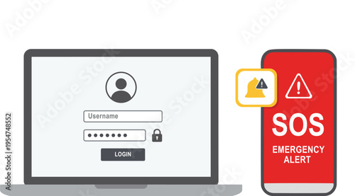 Cyber Security Login Protection with Emergency SOS Alert Warning Illustration