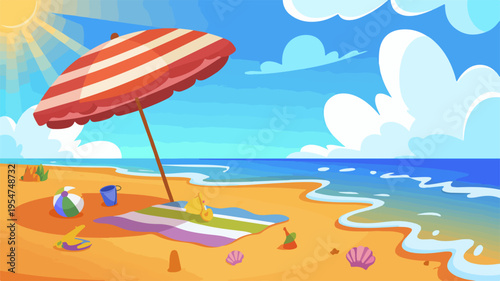 Vibrant beach scene with red and white striped umbrella colorful towel and beach toys on sunny day with blue ocean and sky