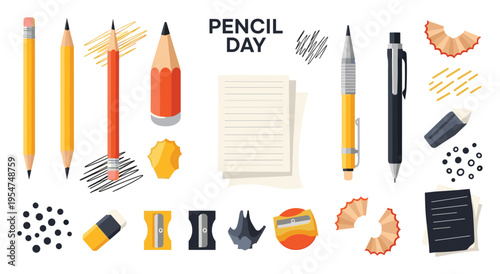 Pencil day stationery set with pencils, pens, erasers, and sharpeners
