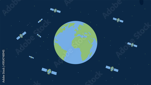 Earth from space with satellites orbiting planet in the solar system global technology and communication network