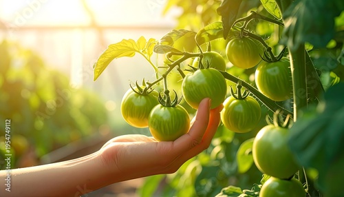 Close-up of hand holding a cluster of unripe tomatoes on a vine. Sunlight streams through glass