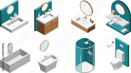 Isometric bathroom furniture set, sink mirror shower bathtub toilet modern interior sanitary equipment vector illustration collection design