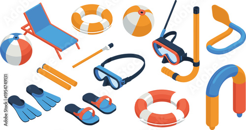 Isometric beach and swimming accessories set, summer vacation pool equipment snorkel mask float ball vector illustration collection design