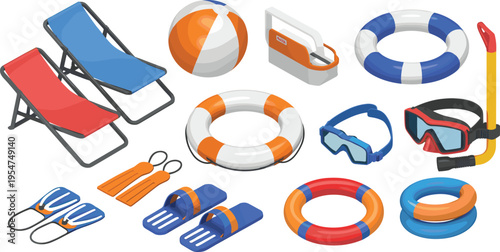 Isometric beach and pool accessories set, summer vacation swimming equipment snorkel goggles float chair vector illustration collection design