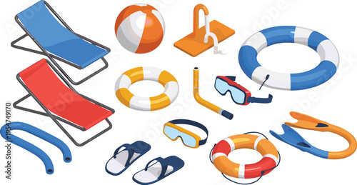 Isometric beach pool accessories set, summer swimming equipment snorkel goggles float chair vacation vector illustration collection design