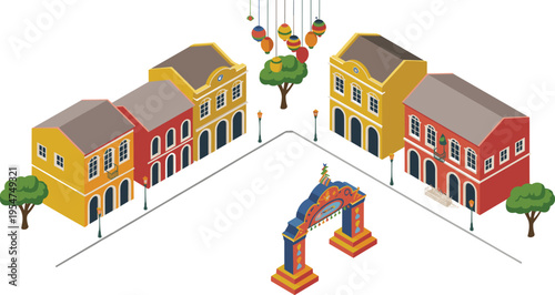 Isometric Brazilian street square with colorful colonial buildings festive arch lantern decorations urban city illustration vector design concept