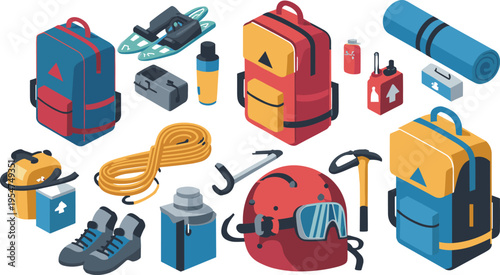 Isometric camping and climbing gear set, outdoor adventure equipment backpack rope helmet tools hiking travel survival vector illustration design