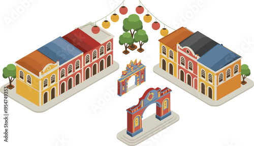 Isometric Brazilian street with colorful colonial buildings festive arches lantern decorations urban architecture illustration vector design concept cultural city scene