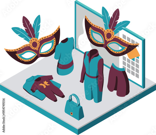 Isometric carnival costume selection with masks clothing wardrobe festive fashion accessories illustration vector design concept masquerade outfit collection