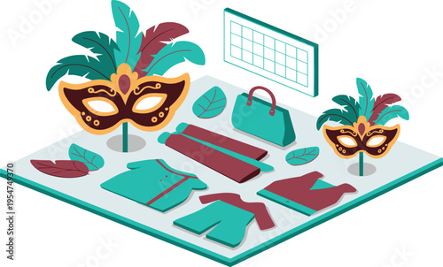 Isometric carnival costume set with masks clothing accessories festive fashion collection illustration vector design concept masquerade outfit elements