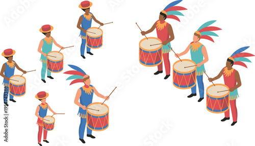 Isometric carnival drummers illustration, colorful performers playing drums, festive music parade scene, cultural celebration, entertainment event, vibrant festival concept design