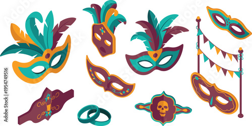 Isometric carnival mask set with feathers decorative elements colorful festive accessories party celebration illustration vector design concept collection