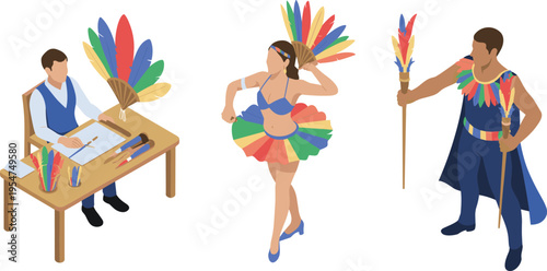 Isometric carnival performers with feather costumes, dancer and artisan crafting accessories, colorful festival culture, celebration and entertainment illustration concept