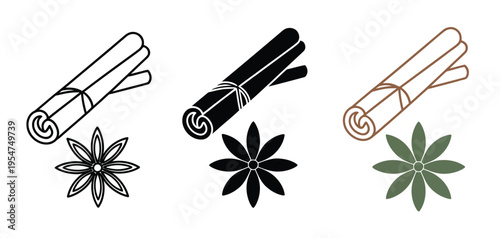 Cinnamon stick and star anise icons in outline, solid, and color styles, versatile graphic design elements for spice, cooking, bakery, and food packaging design projects.