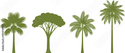 Collection of green tropical tree silhouettes including palm varieties and broadleaf tree isolated vector illustration for landscape and botanical design use