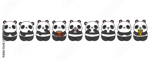 Kawaii cute cartoon panda character set. Cute panda with boba tee, panda with watermelon, Bamboo panda bear for cards, print, decoration, printing on clothes. Stock vector illustration isolated on whi