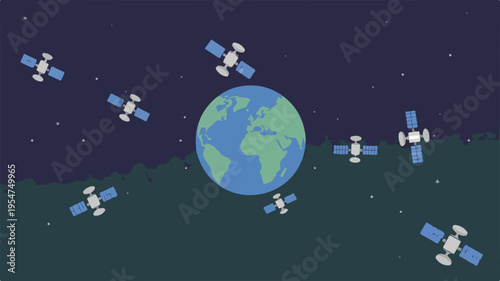 Satellites orbiting earth in space with a starry night background and green blue planet
