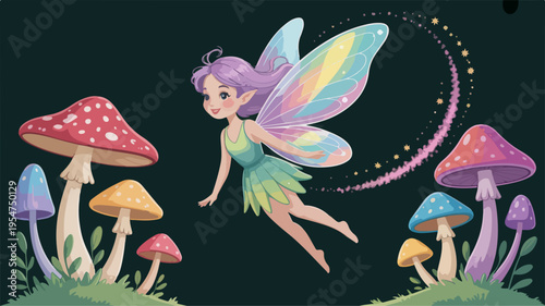 Whimsical fairy with purple hair and iridescent wings flies near vibrant mushrooms in a magical forest at dusk