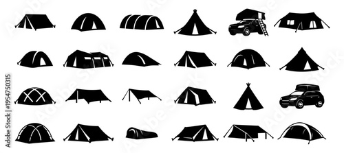 Camping Tent Silhouette Set, Outdoor Shelter Icons Collection, Hiking and Camping Equipment Symbols, Vector Pack