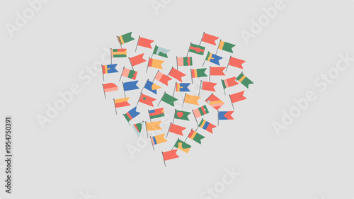 Heart shaped colorful flags from different countries on gray background symbolizing love and unity worldwide international friendship and cultural diversity concept