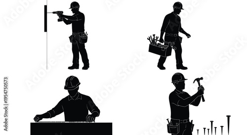 Construction worker silhouettes engaged in various tasks with tools and equipment