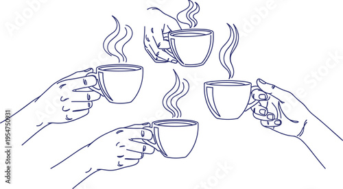 hands holding steaming coffee cups illustration representing friendship gathering social connection morning ritual minimal line art vector design concept style