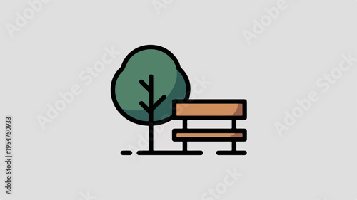 Simple park bench and tree illustration outdoor seating area with green tree brown wooden bench on gray background peaceful scenery