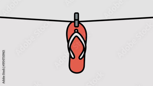 Red flip flop hanging on a clothesline with a white background simple illustration