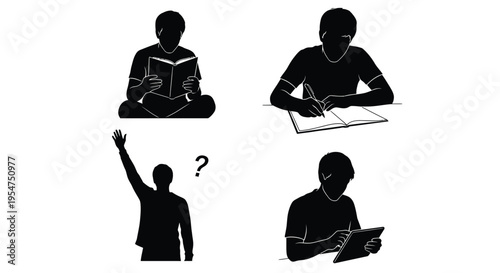 Silhouette illustrations of people engaged in reading, writing, and using technology vector graphic designs