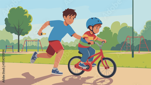Older brother helping young child ride bicycle park fun sunny day
