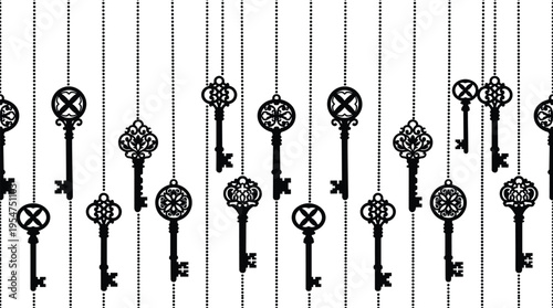 hanging vintage keys pattern, antique key silhouettes background, decorative ornate keys design, seamless vertical lines, elegant locksmith concept, black vector illustration