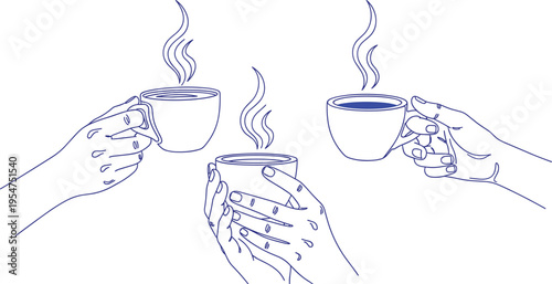 Minimalist blue line illustration of hands holding coffee cups with steam social interaction friendship break concept isolated background vector design