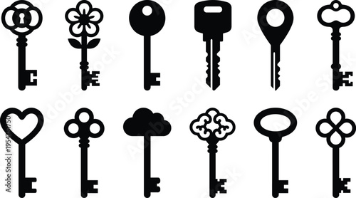 vintage key silhouettes collection, antique key icons set, black locksmith symbols, classic design elements, decorative shapes, security concept, vector illustration